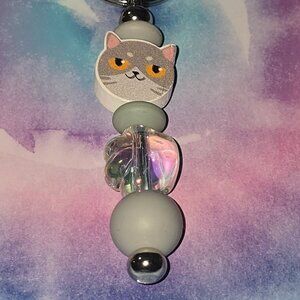 Gray Kitty Silver Keychain Purse Charm Beaded Cat Paw Toe Beans Zipper Pull